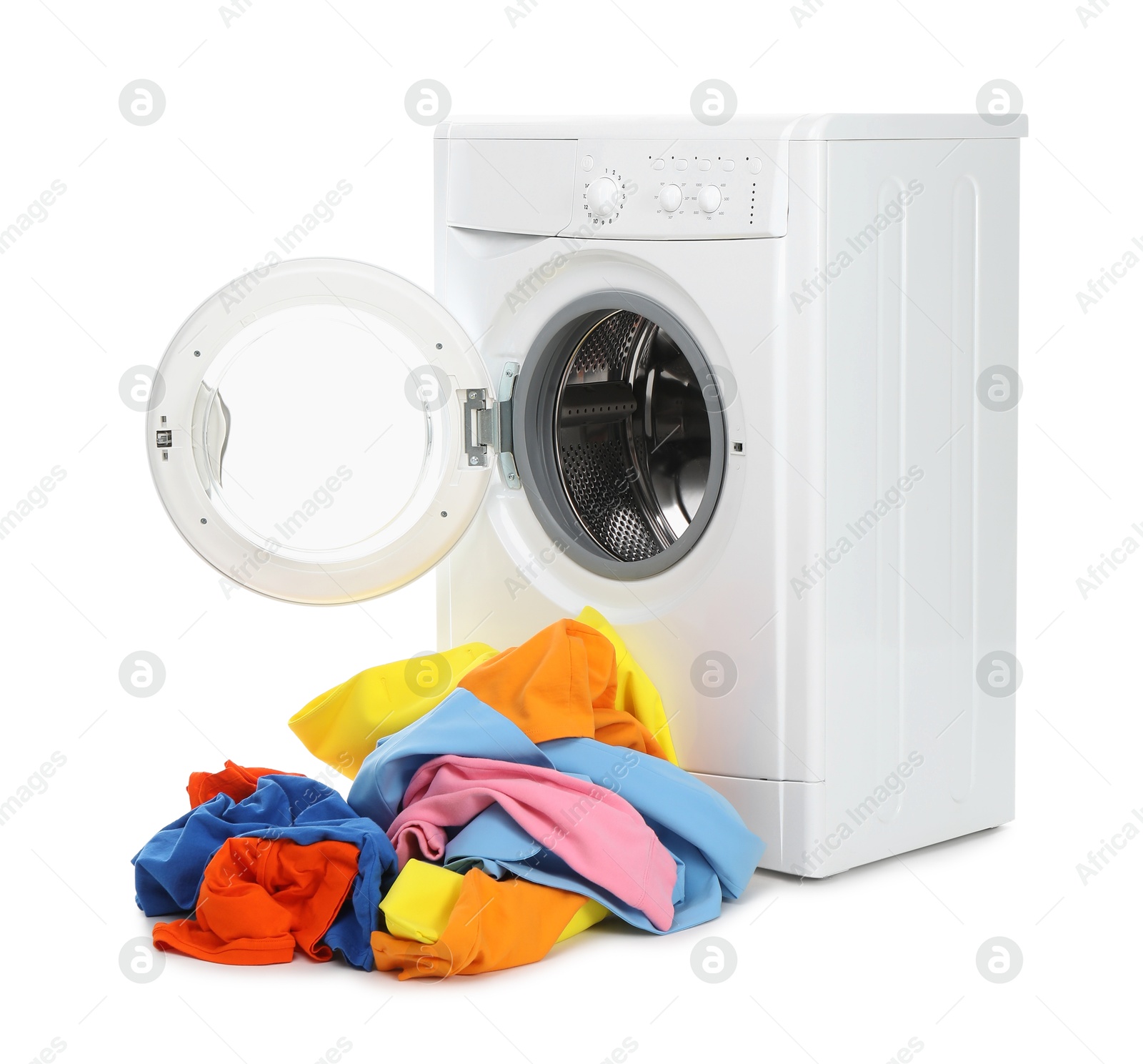 Photo of Modern washing machine with colorful laundry isolated on white