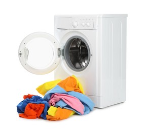 Photo of Modern washing machine with colorful laundry isolated on white