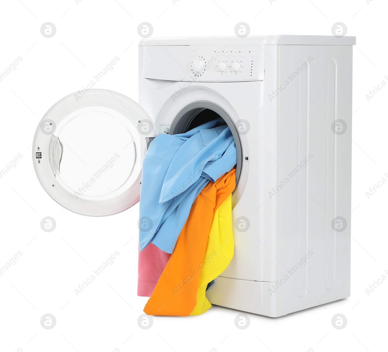 Photo of Modern washing machine with colorful laundry isolated on white