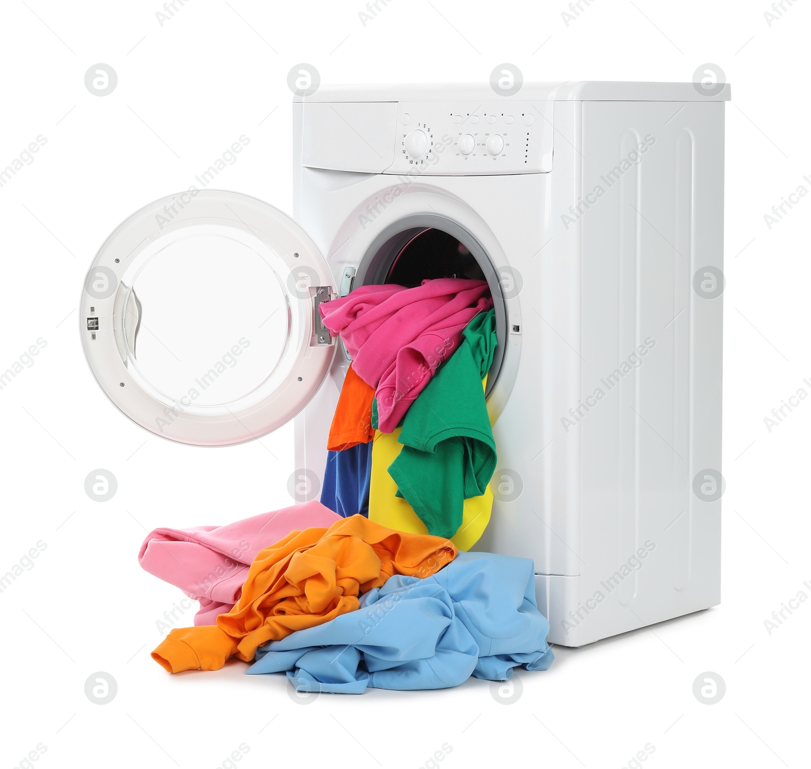 Photo of Modern washing machine with colorful laundry isolated on white