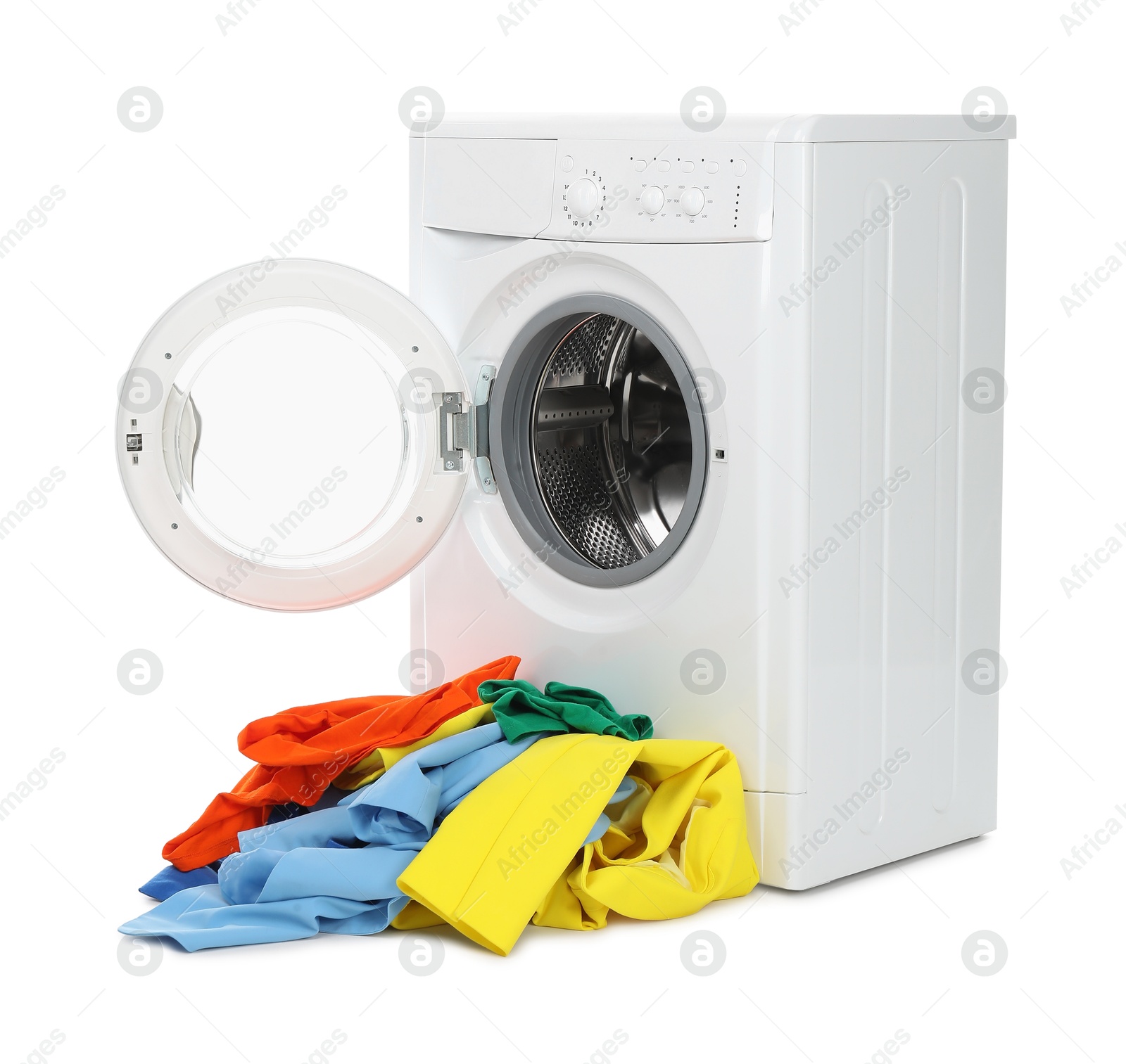 Photo of Modern washing machine with colorful laundry isolated on white