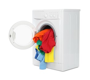 Photo of Modern washing machine with colorful laundry isolated on white