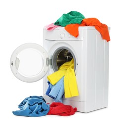 Photo of Modern washing machine with colorful laundry isolated on white