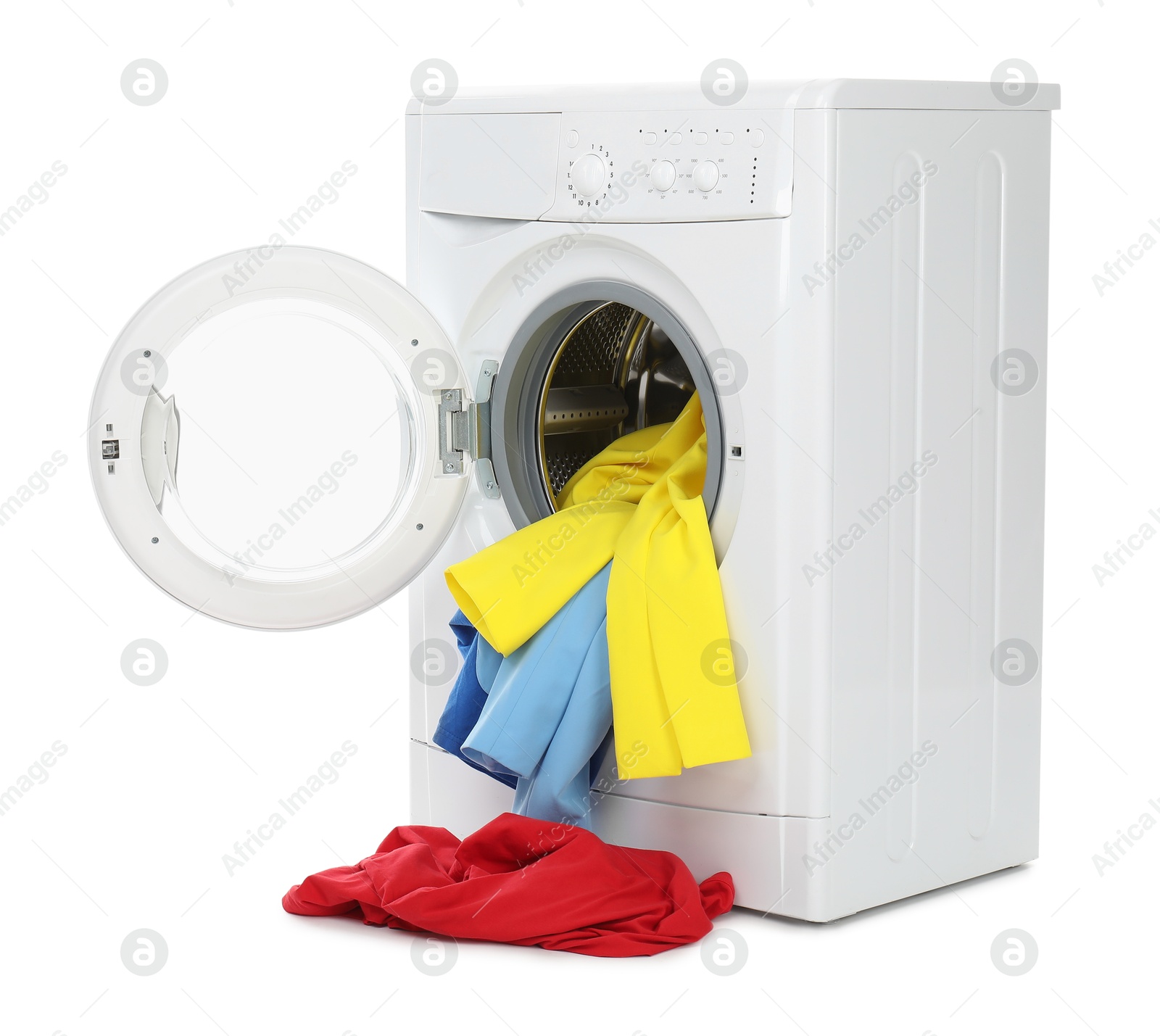 Photo of Modern washing machine with colorful laundry isolated on white