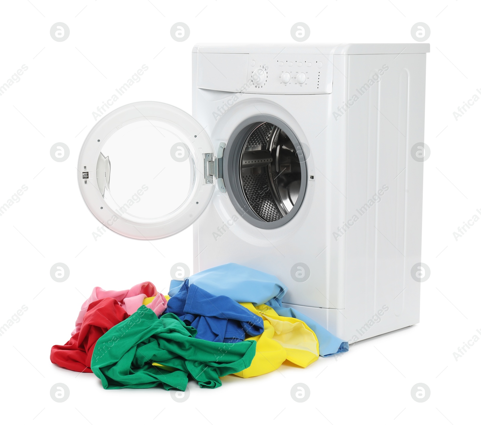 Photo of Modern washing machine with colorful laundry isolated on white