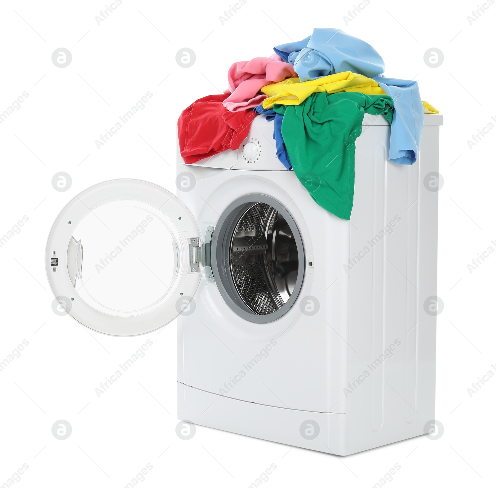 Photo of Modern washing machine with colorful laundry isolated on white