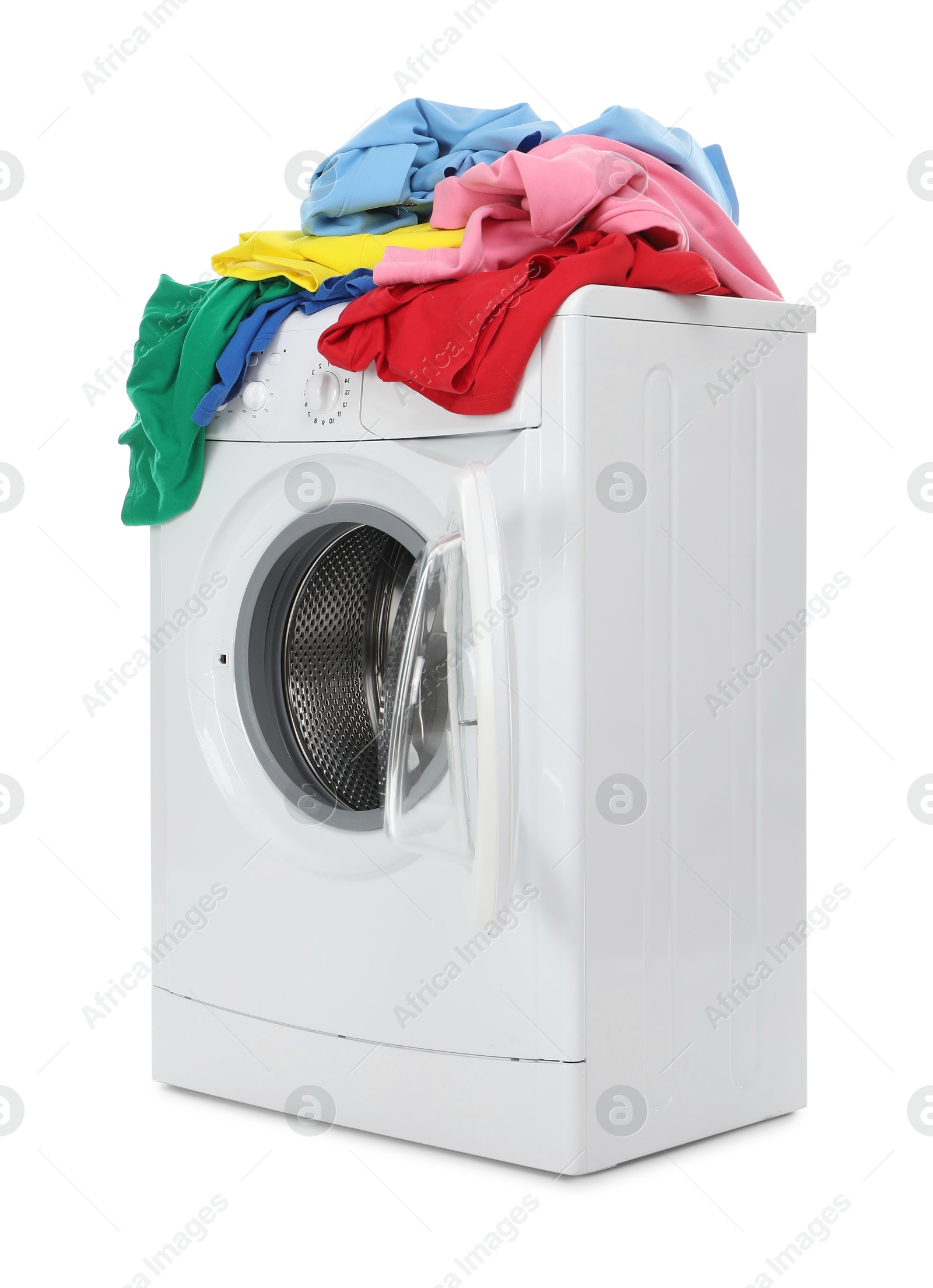 Photo of Modern washing machine with colorful laundry isolated on white