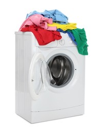 Photo of Modern washing machine with colorful laundry isolated on white