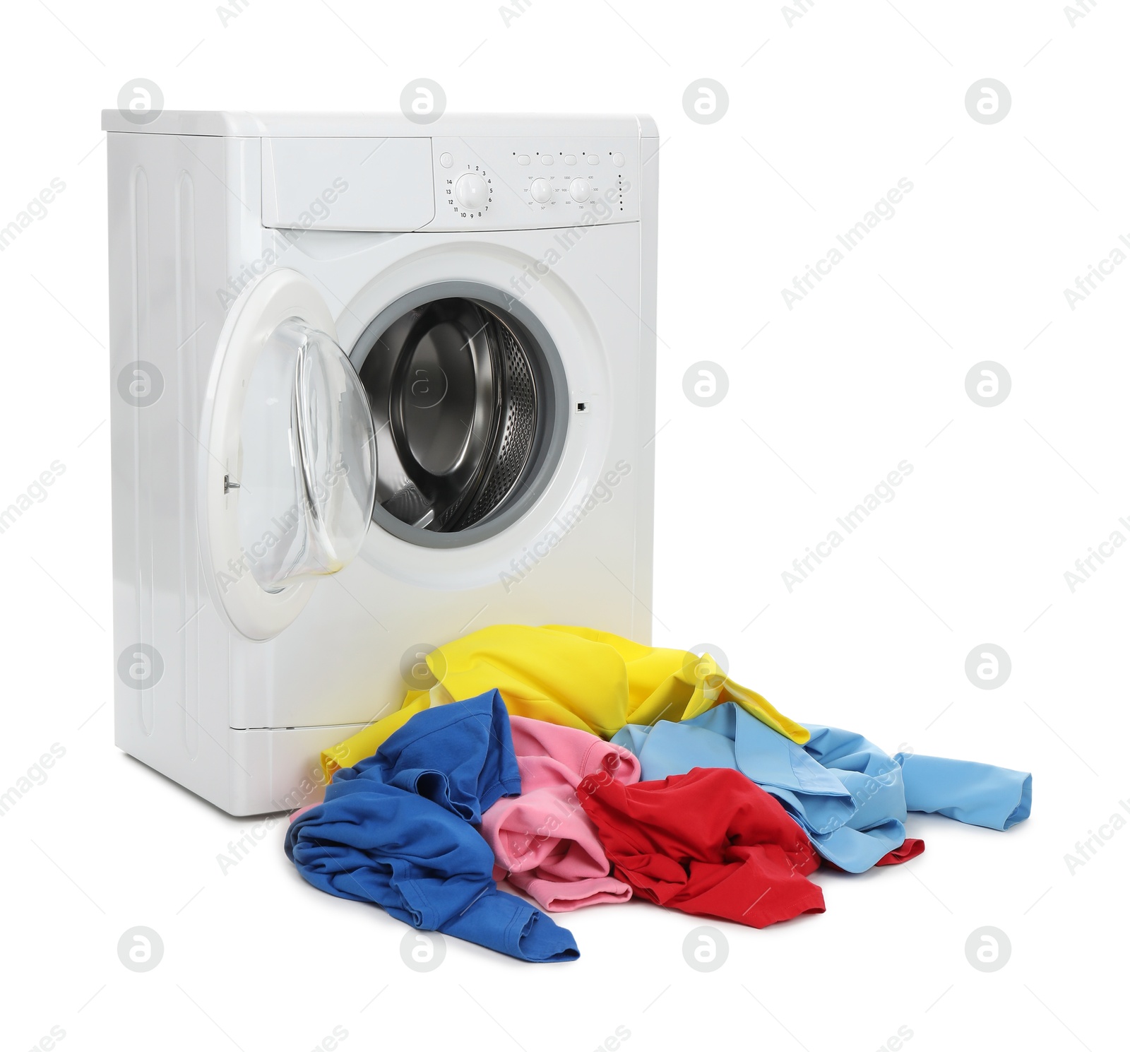 Photo of Modern washing machine with colorful laundry isolated on white