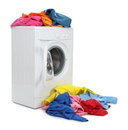 Photo of Modern washing machine with colorful laundry isolated on white