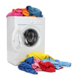 Photo of Modern washing machine with colorful laundry isolated on white