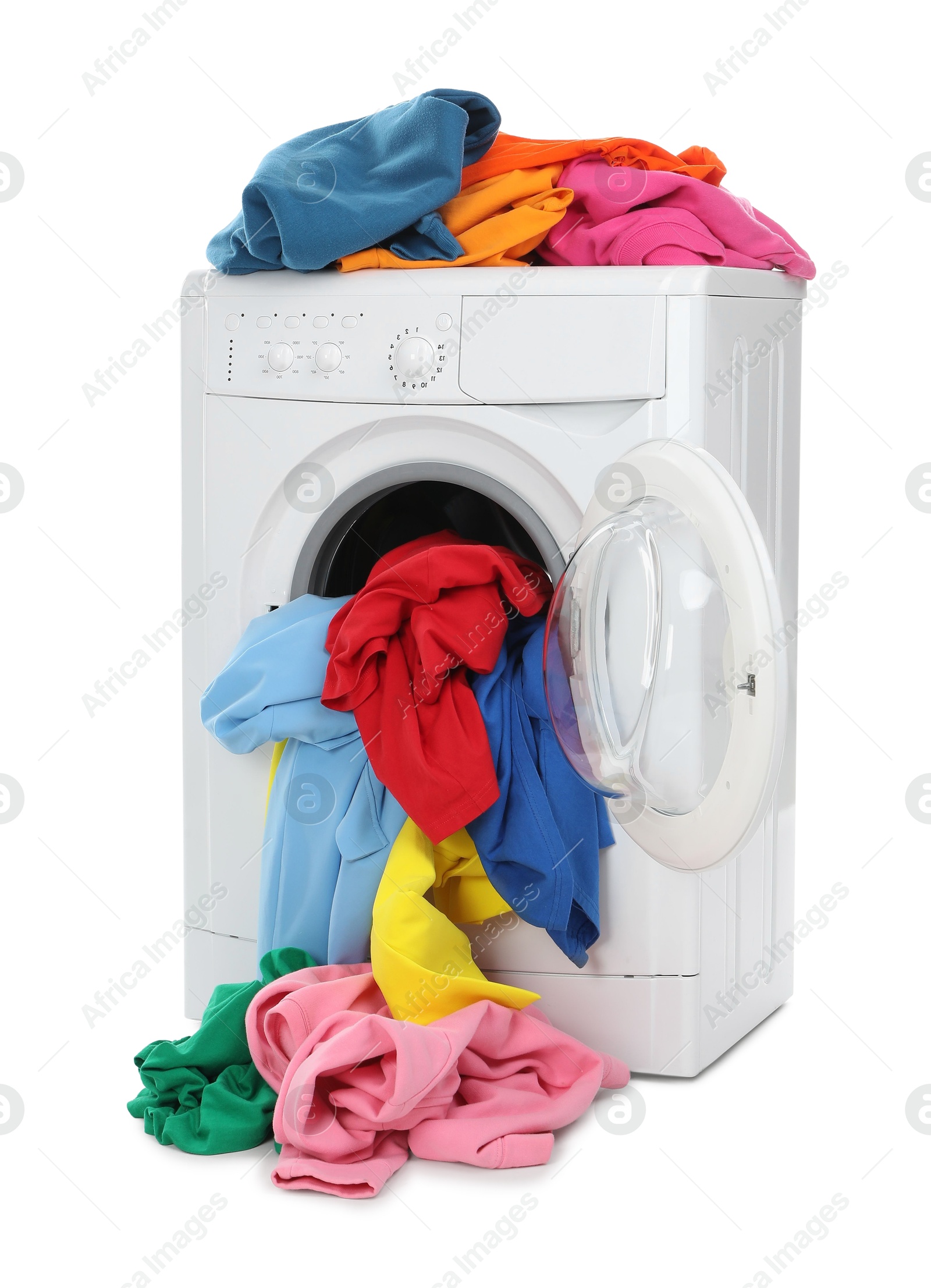 Photo of Modern washing machine with colorful laundry isolated on white