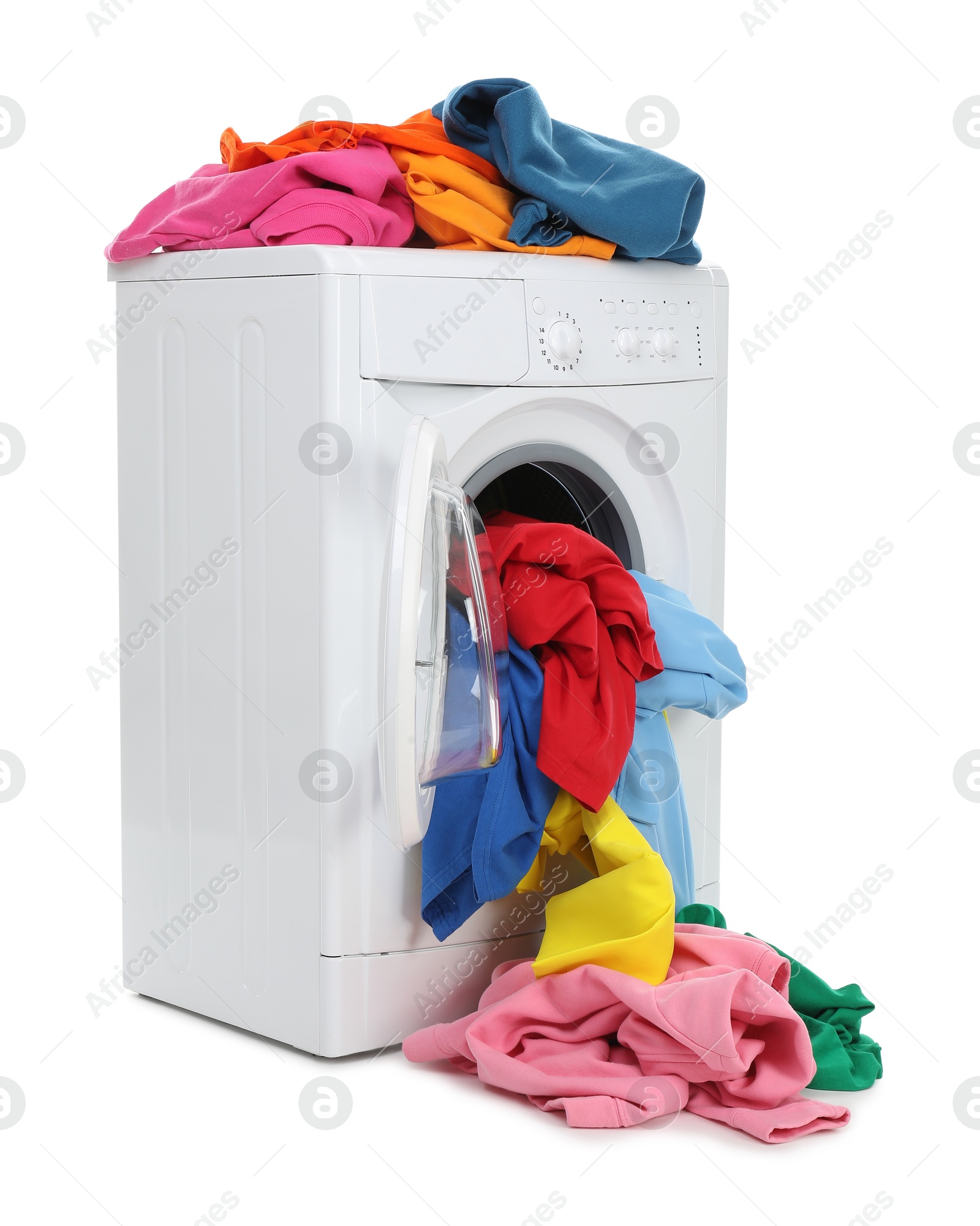 Photo of Modern washing machine with colorful laundry isolated on white