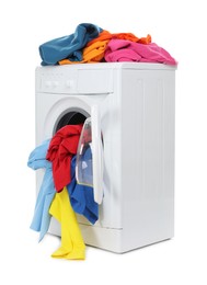 Photo of Modern washing machine with colorful laundry isolated on white