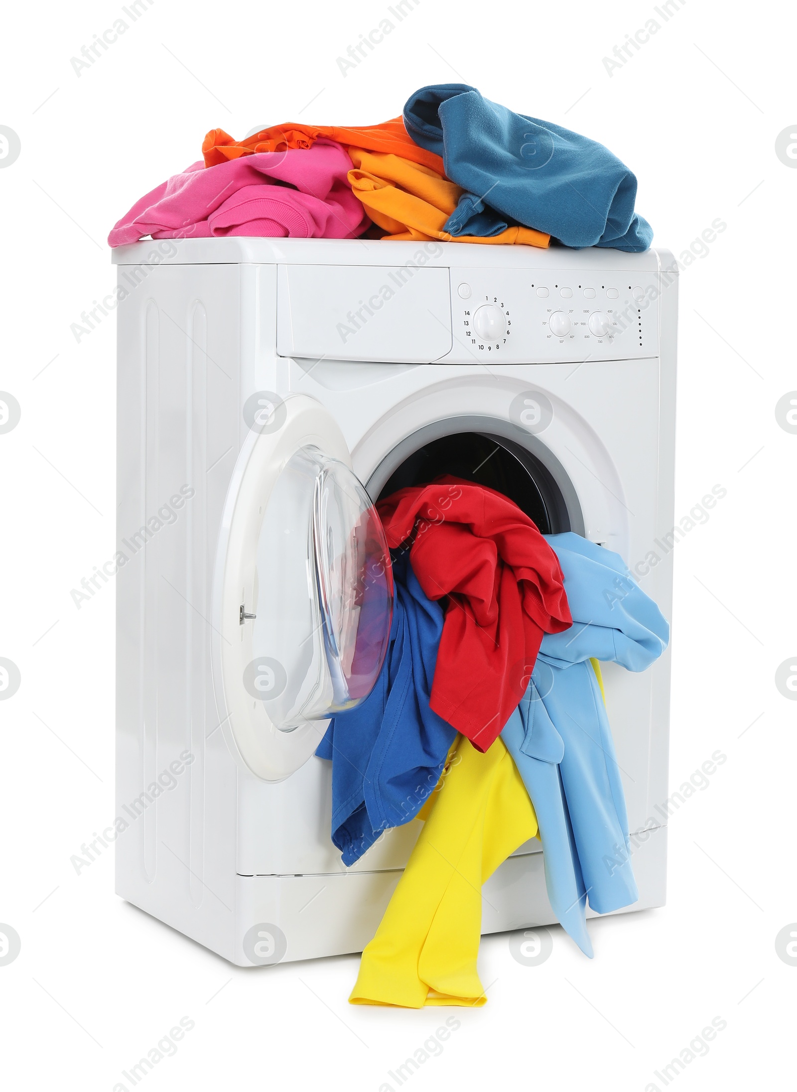 Photo of Modern washing machine with colorful laundry isolated on white