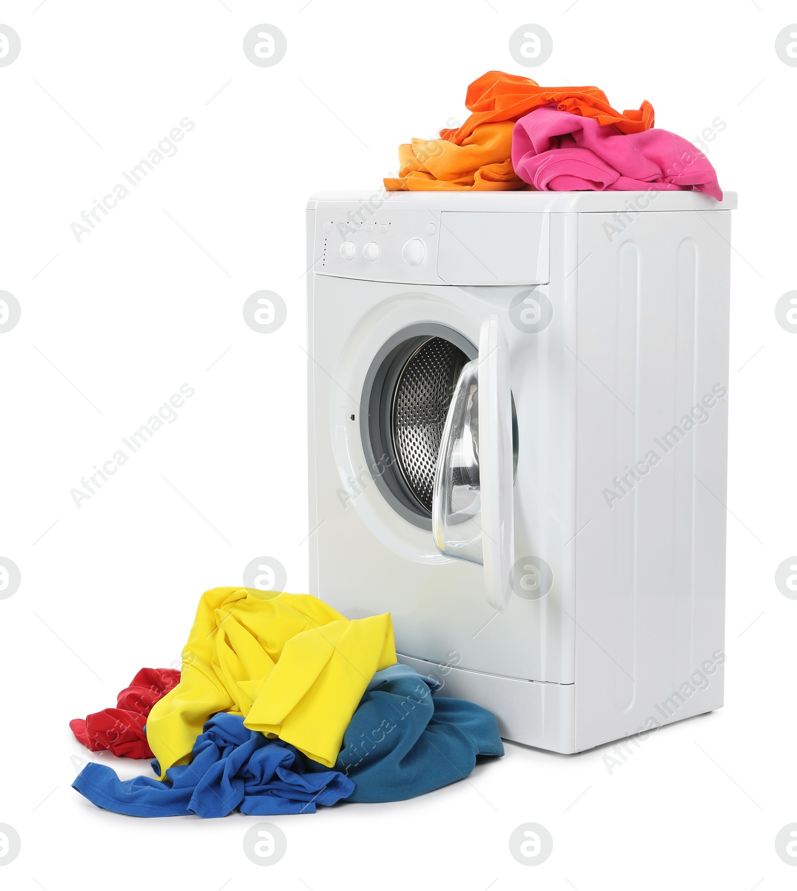 Photo of Modern washing machine with colorful laundry isolated on white