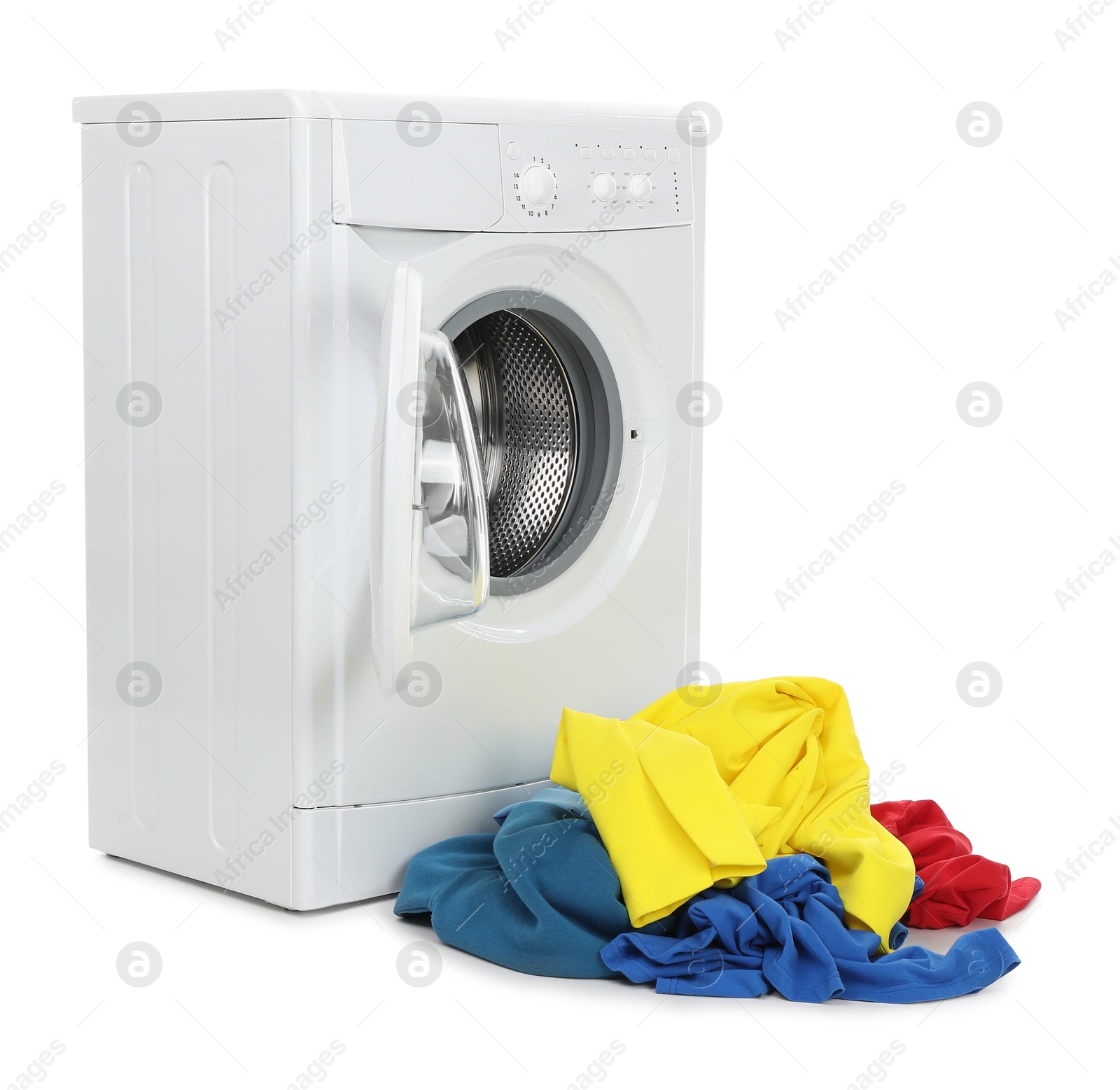 Photo of Modern washing machine with colorful laundry isolated on white