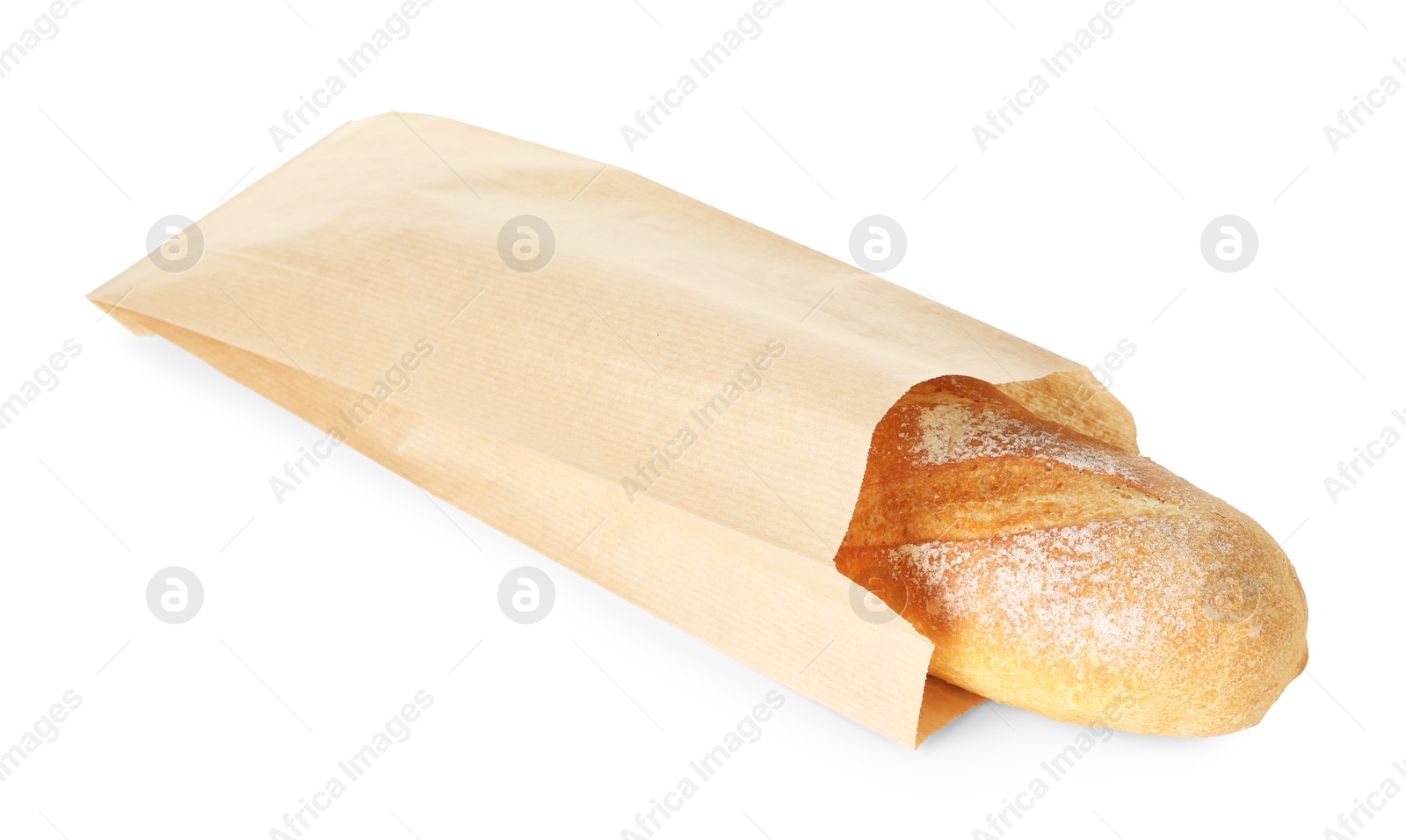 Photo of Freshly baked baguette in paper bag isolated on white