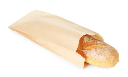 Photo of Freshly baked baguette in paper bag isolated on white