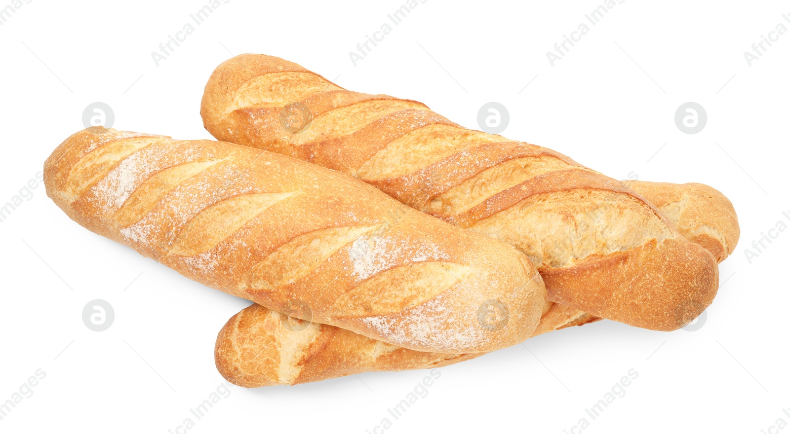 Photo of Three freshly baked baguettes isolated on white, top view