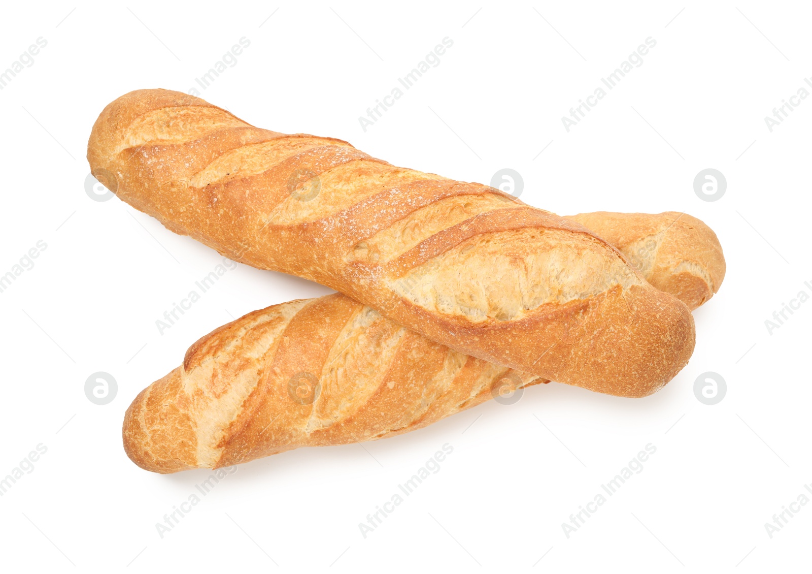 Photo of Two freshly baked baguettes isolated on white, top view