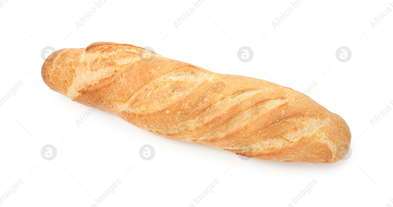 Photo of One freshly baked baguette isolated on white, top view