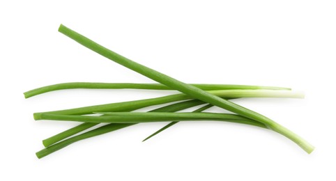 Photo of Fresh green onions isolated on white, top view