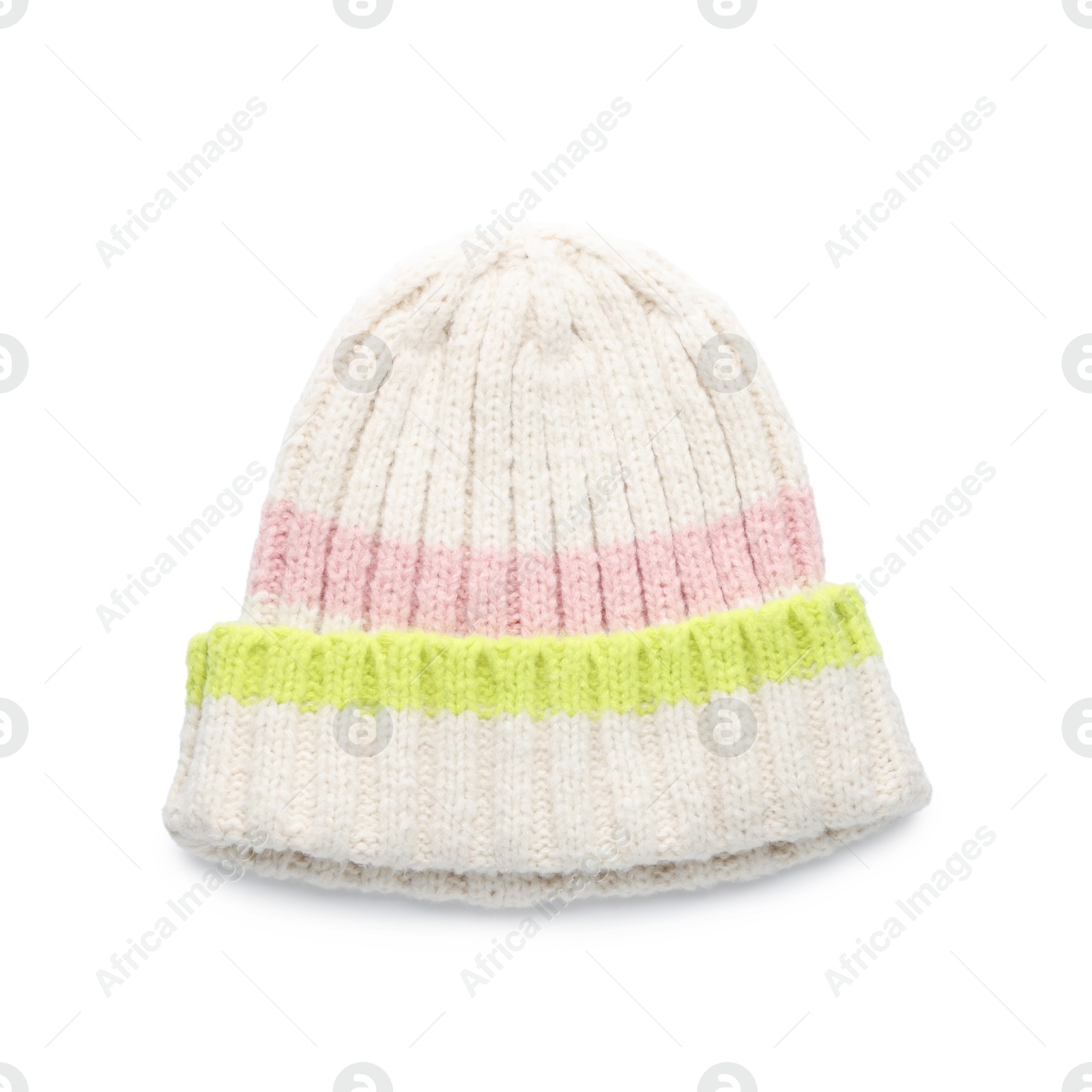 Photo of Warm woolen hat isolated on white, top view