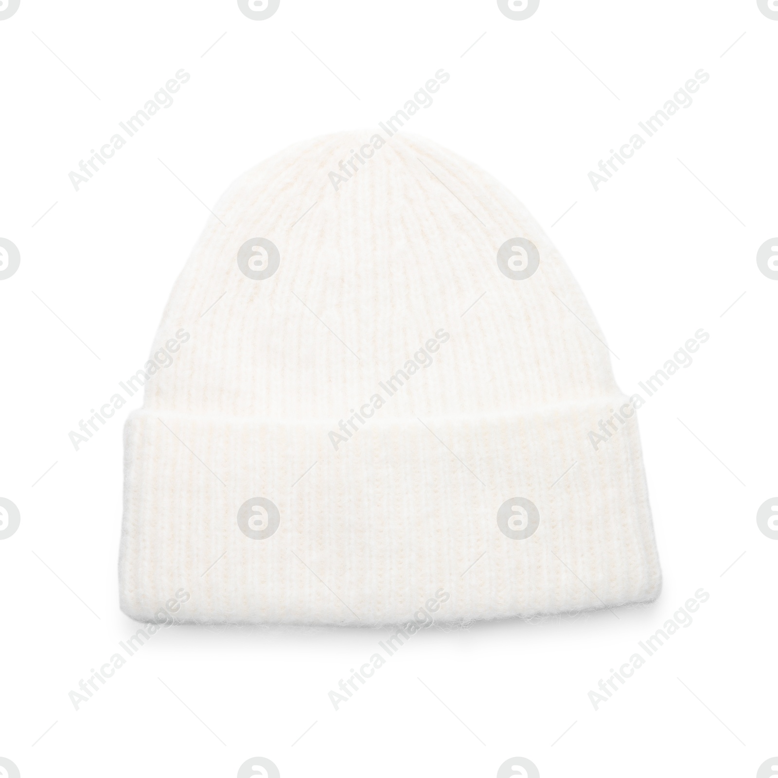 Photo of Warm woolen hat isolated on white, top view