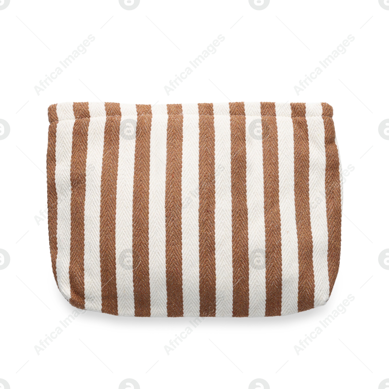 Photo of Striped cosmetic bag isolated on white, top view