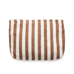 Photo of Striped cosmetic bag isolated on white, top view