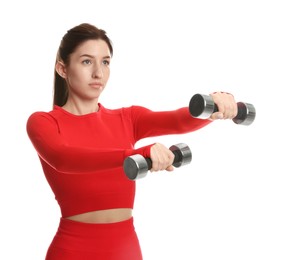 Photo of Woman in sportswear exercising with dumbbells on white background