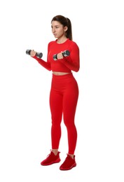 Photo of Woman in sportswear exercising with dumbbells on white background