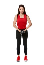 Photo of Woman in sportswear exercising with dumbbells on white background