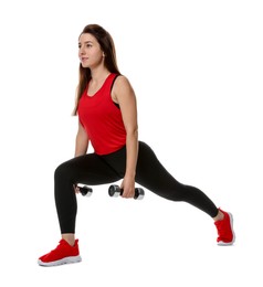 Photo of Woman in sportswear exercising with dumbbells on white background