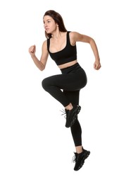 Photo of Woman in sportswear exercising on white background