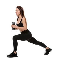 Photo of Woman in sportswear exercising with dumbbells on white background