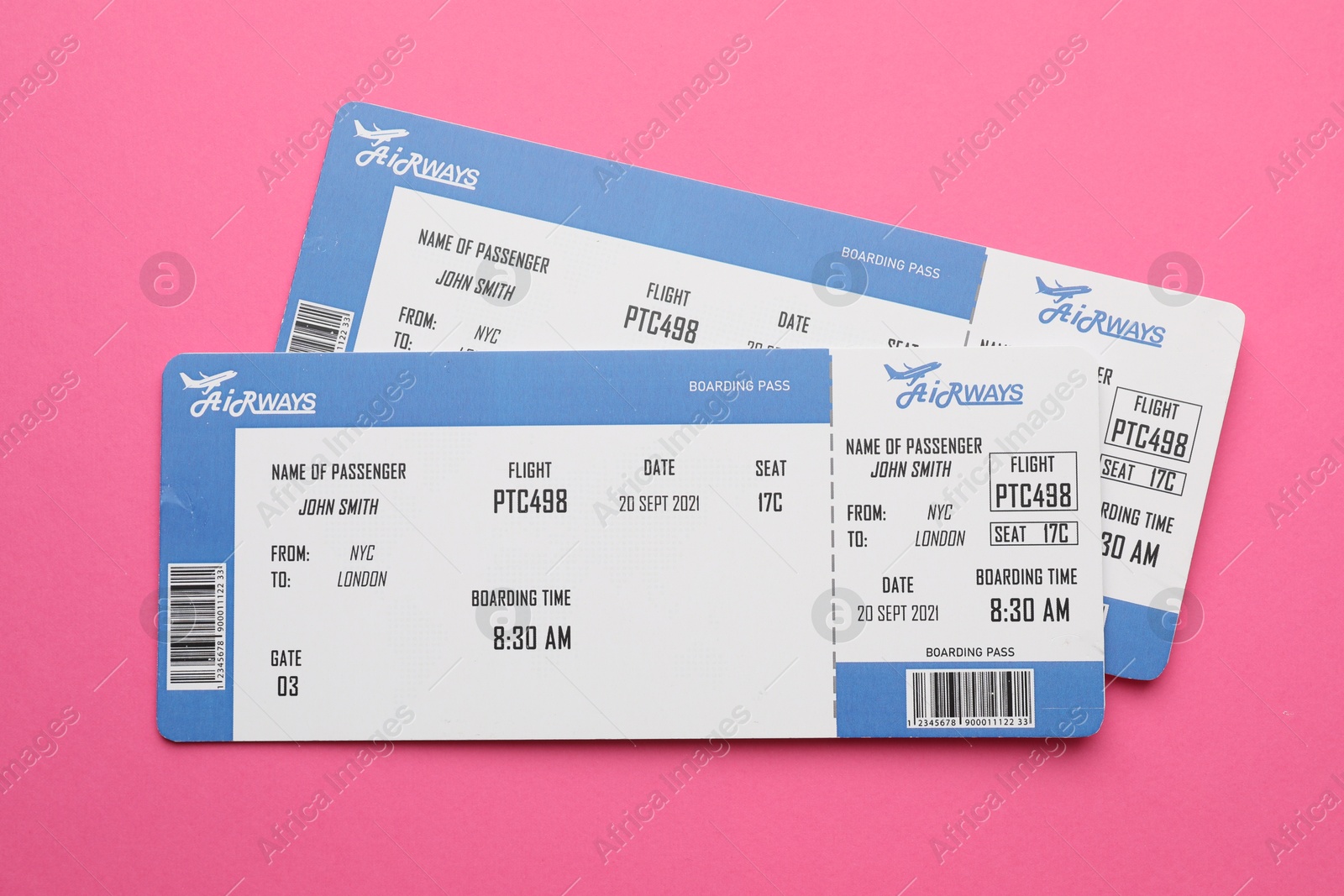 Photo of Travel agency. Flight tickets on pink background, top view