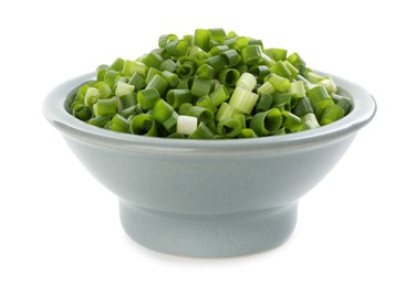 Photo of Chopped fresh green onion in bowl isolated on white