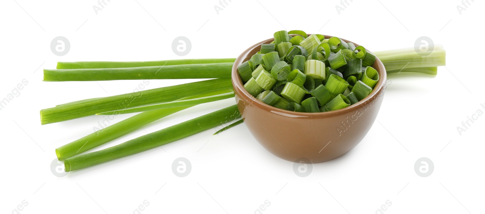 Photo of Cut fresh green onions isolated on white