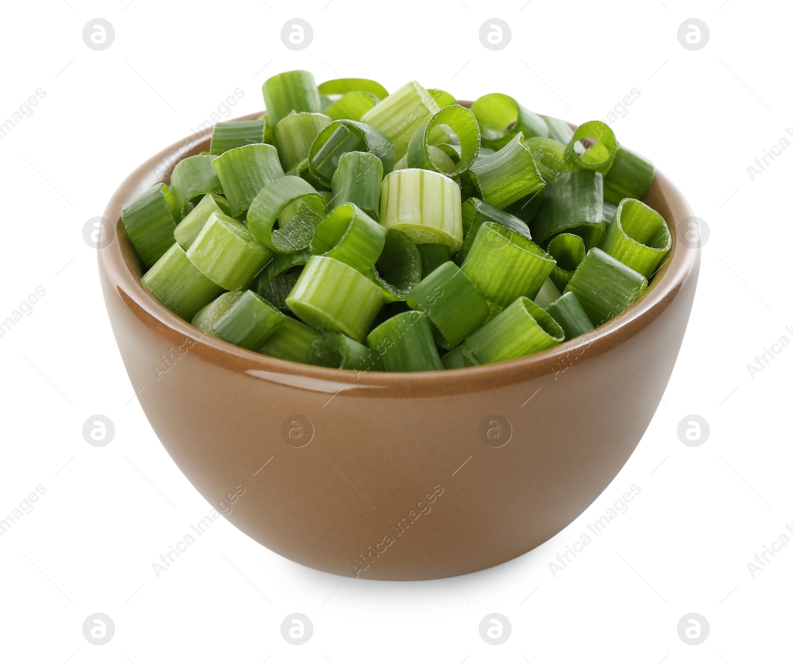 Photo of Chopped fresh green onion in bowl isolated on white