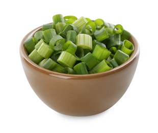 Photo of Chopped fresh green onion in bowl isolated on white