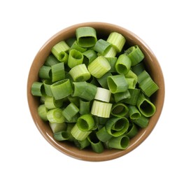 Photo of Chopped fresh green onion in bowl isolated on white, top view