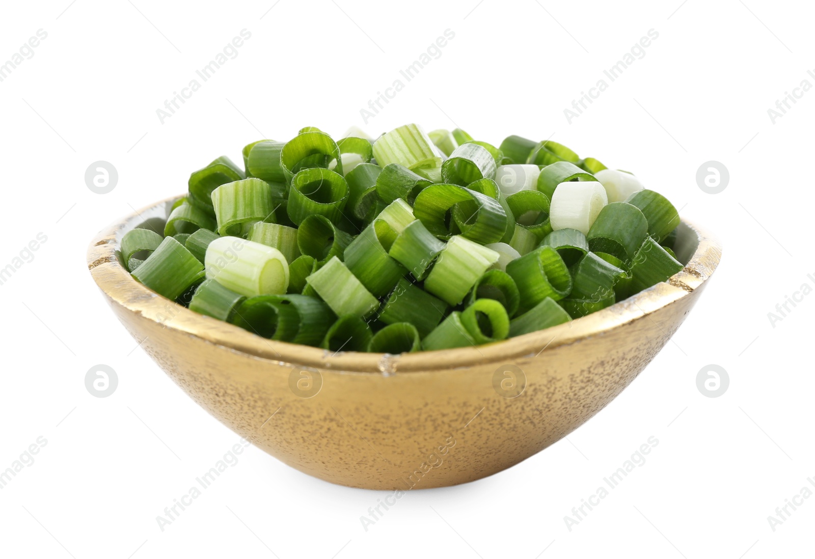 Photo of Chopped fresh green onion in bowl isolated on white