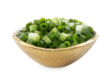 Photo of Chopped fresh green onion in bowl isolated on white