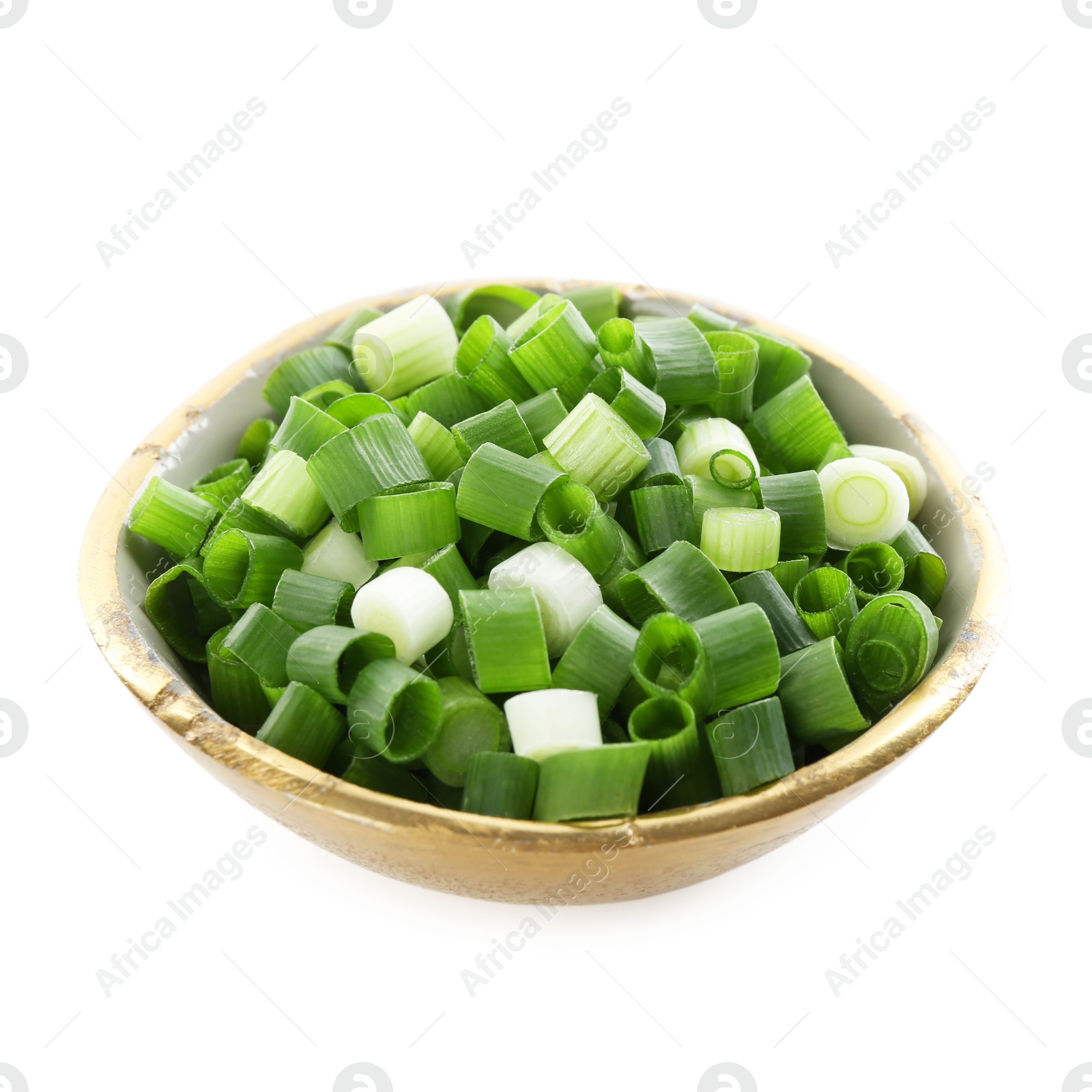 Photo of Chopped fresh green onion in bowl isolated on white