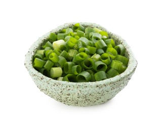 Photo of Chopped fresh green onion in bowl isolated on white