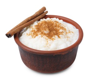 Photo of Delicious rice pudding with cinnamon isolated on white