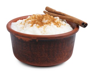 Photo of Delicious rice pudding with cinnamon isolated on white