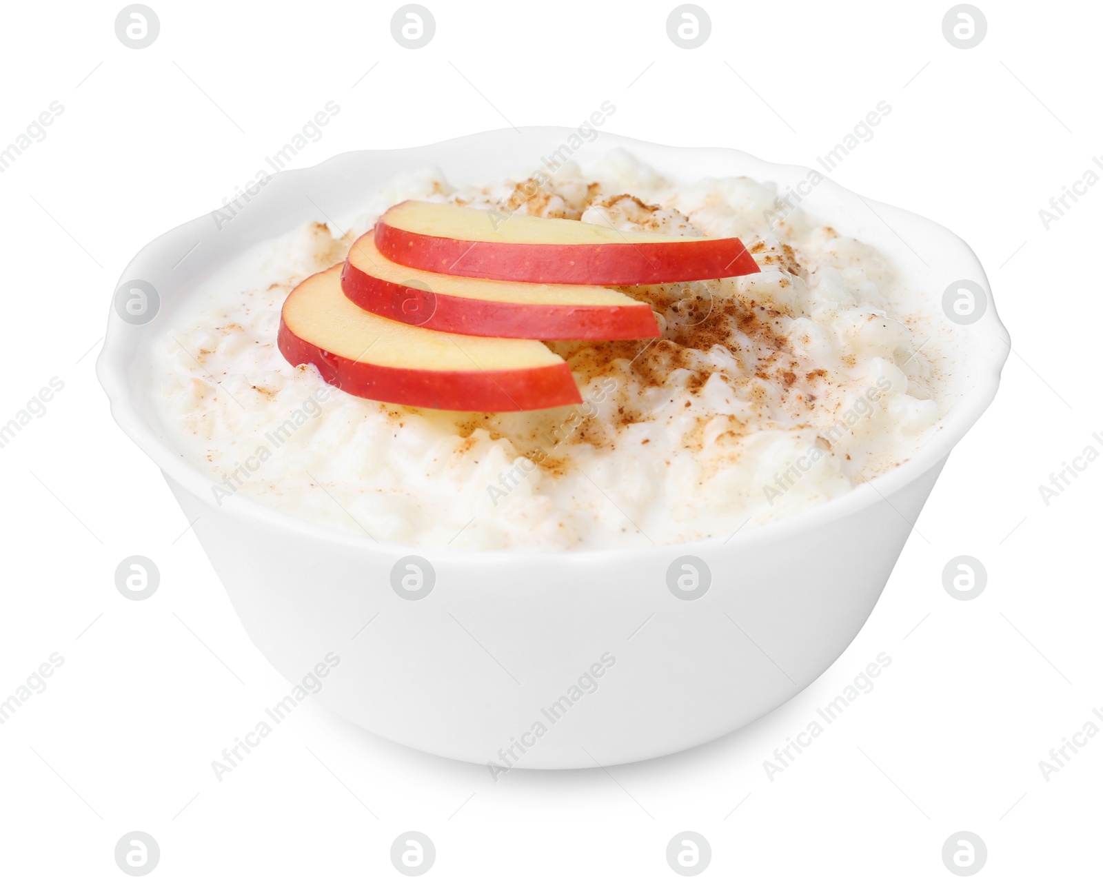 Photo of Delicious rice pudding with cinnamon and apple isolated on white